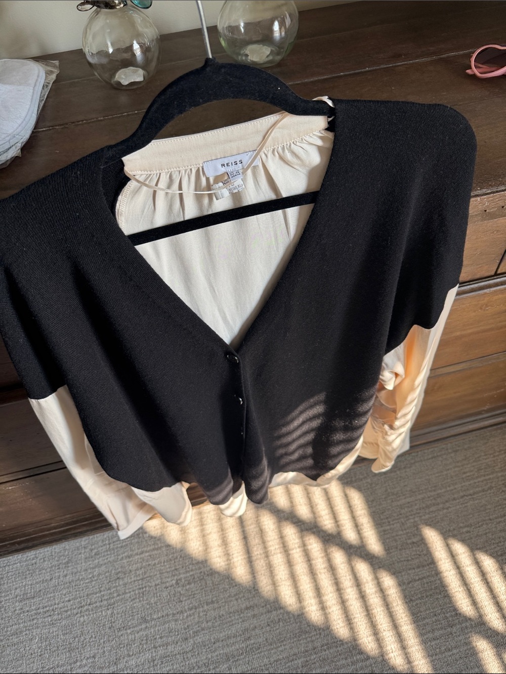REISS Black and Cream Layered V-Neck Cardigan